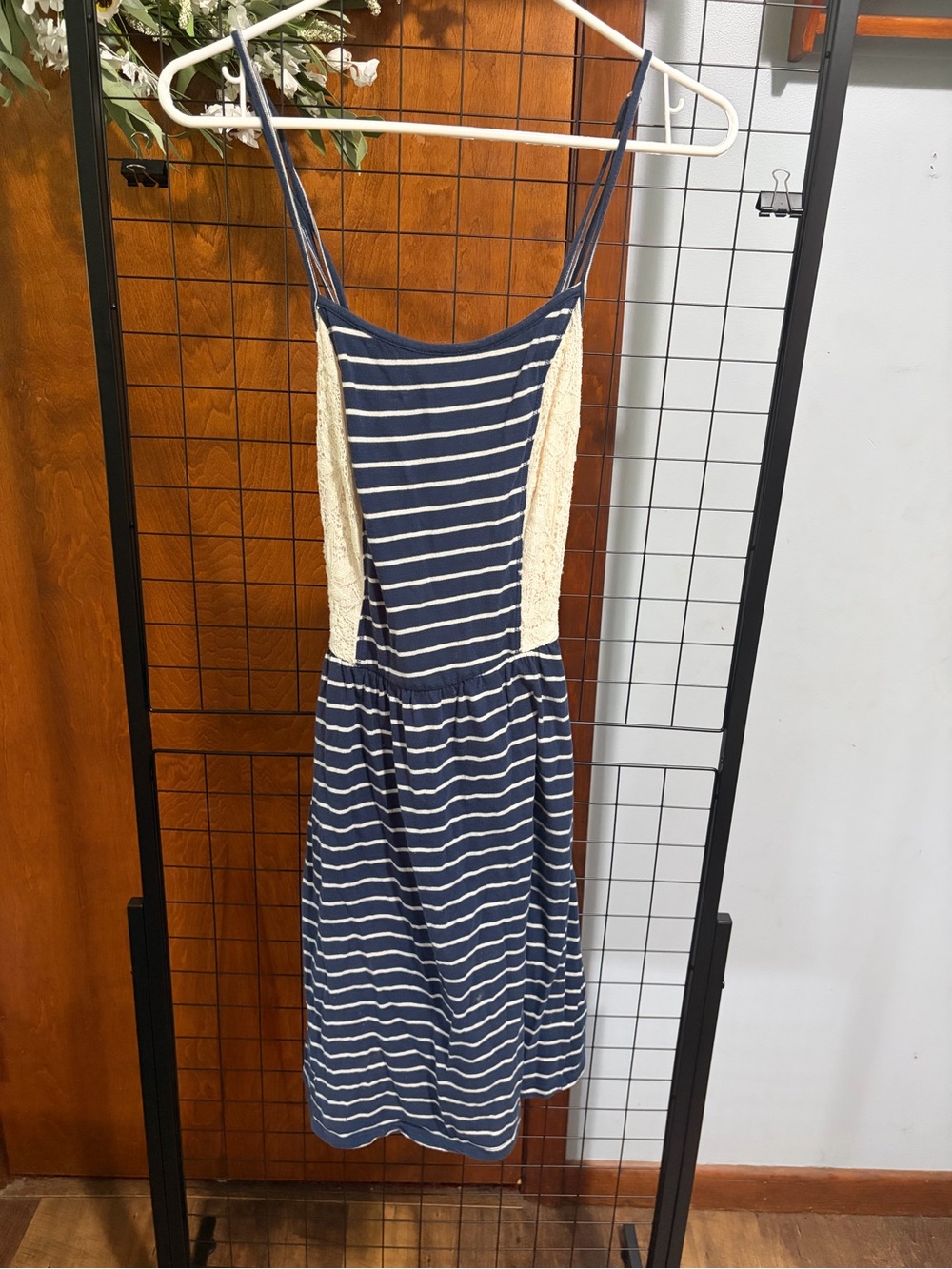 Maurices Navy and White Striped Mini Dress with Cream Lace Sides
